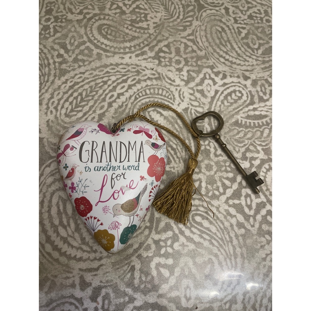 Deacon Rebecca Jones Grandma Heart Ornament with Key & Tassel Gold White Floral